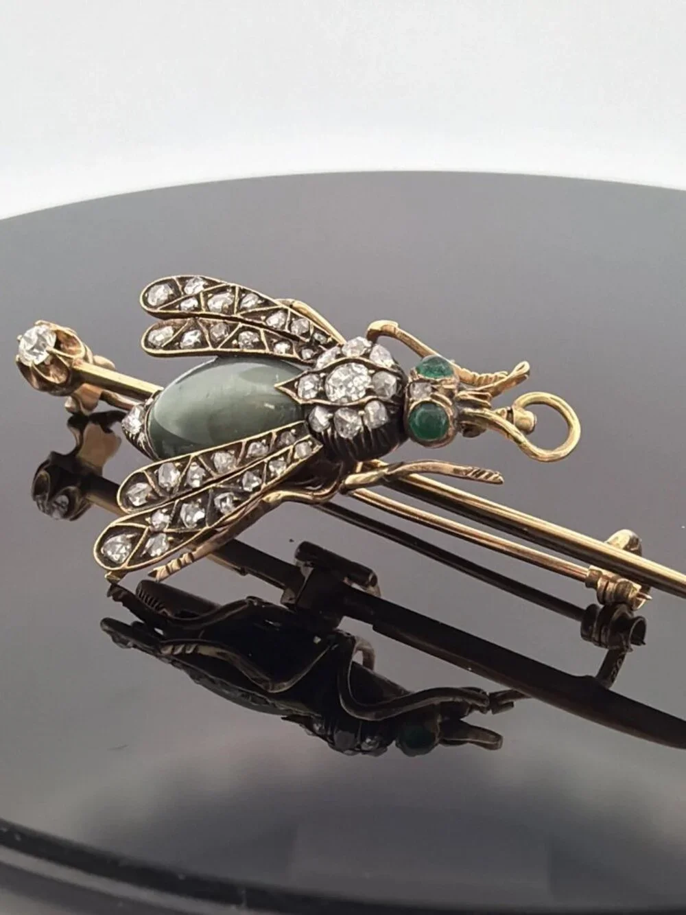Antique Victorian Bee Brooch 14K Gold & Silver Diamond Emerald Cats Eye Quartz - Picture 6 of 13